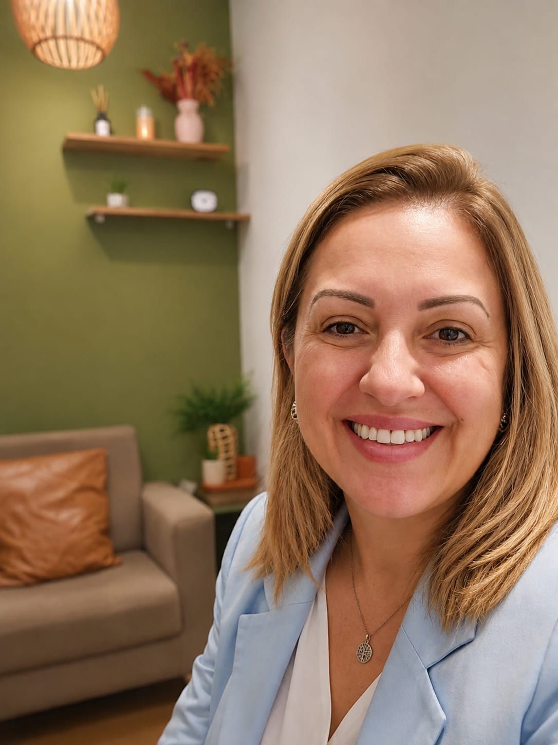 Dra. Amanda Poleti em ambiente acolhedor de consultório